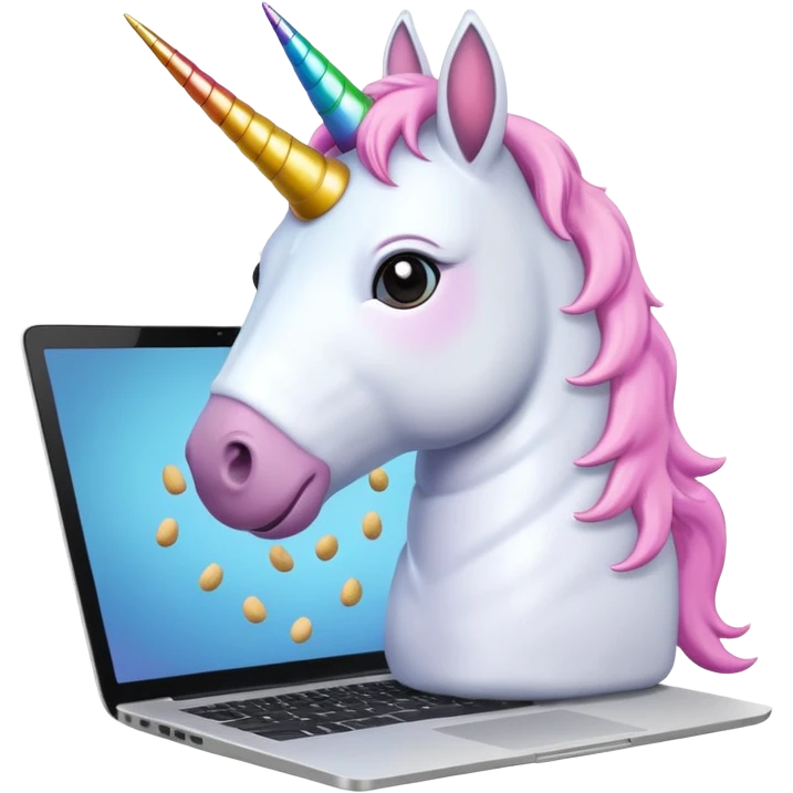 Unicorn coding on a laptop, with peanuts all over the computer emoji