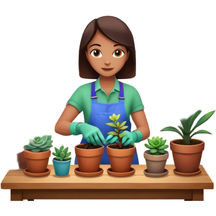 Close-up of a person planting a sapling in a pot. Around, potted plants and succulents with vibrant leaves and flowers. Sunlight filters through the window, casting soft shadows. Cozy indoor space with gardening tools on a wooden table. emoji