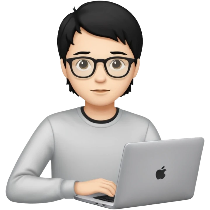 un estudiante con lentes y su laptop CON CAMISA MANGA LARGA Y CABELLO NEGRO emoji