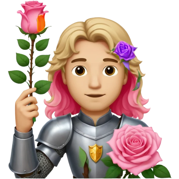 A male knight with light skin and long dark blonde wavy hair holding up a single light pink rose  emoji