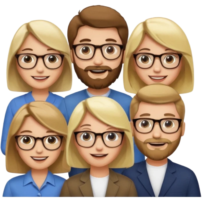 A man with hair and glasses and  a woman with long brown hair and a man with a beard and a woman with a blonde bob emoji