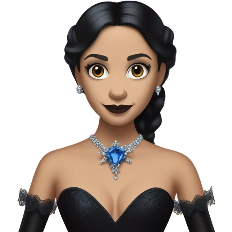relaxed low-cut slinky black evening ball gown with lace gloves, Jenna Ortega as Morticia Addams wearing a mini diamond tiara showing off a cute blue horned dragon ventriloquist puppet emoji