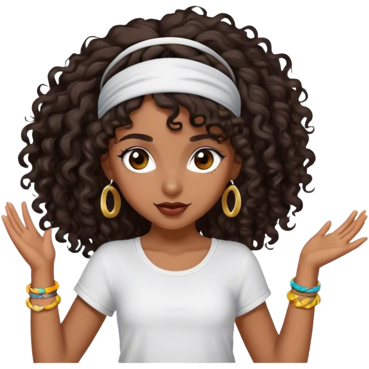 Dancing dark brown girl with long darn brown curly hair with headband hip hop emoji