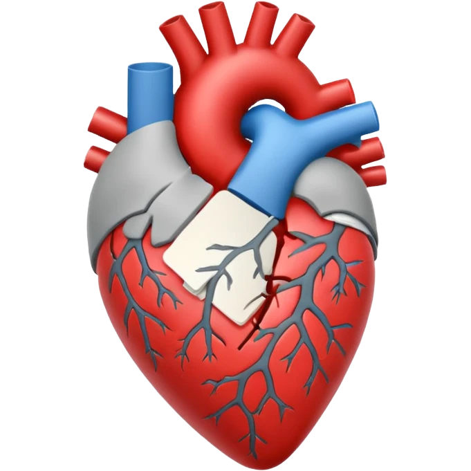 Un corazón humano roto de color gris con grietas  sangrando y expulsando sangre rodeado de vendas y tiritas que se despegan sin hacer efecto emoji