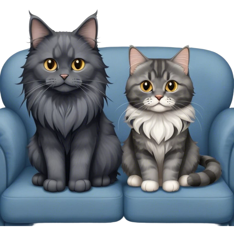 Portrait of a black smoke Maine Coon cat with long grey ear tufts, alongside a British Shorthair cat with a solid blue coat on sofa. Both cats with detailed fur textures and playful expressions. Soft, elegant background of room with warm, natural tones. Transparent background. emoji