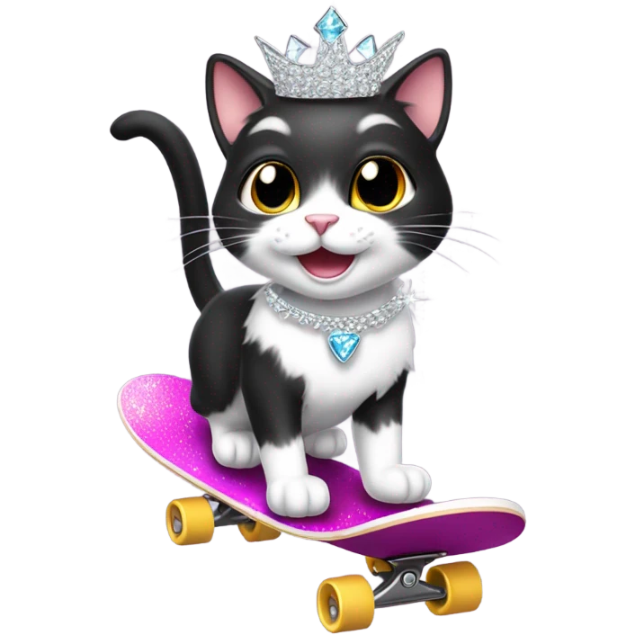 Grinning Black and white cat skateboarding wearng crystal tiara emoji
