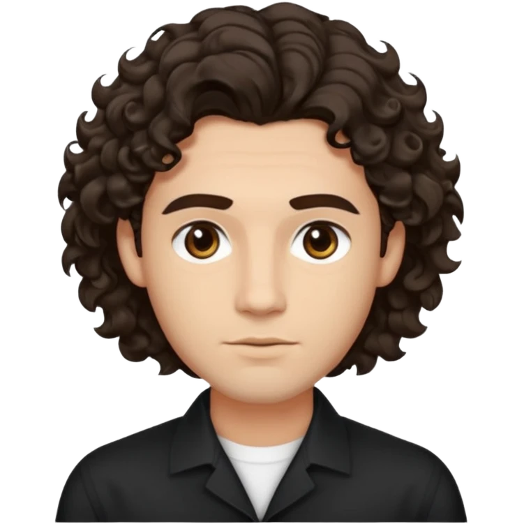 He’s a man with light to medium skin, a defined oval face, full brows, deep-set eyes, and wavy to curly dark brown hair styled with height, sides are low. expression calm and focused relaxed black open-collar shirt.polished, articulate, and professional vibe. emoji