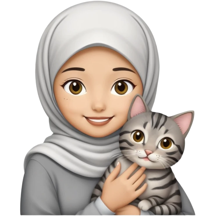 Asian white Hijab girl holding a black grey tabby cat with smiling emoji