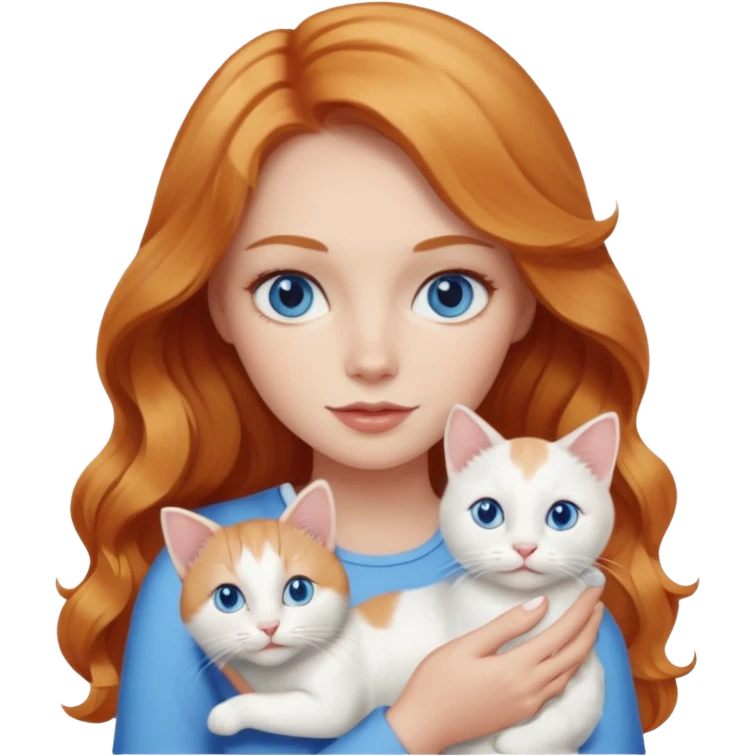 Long wavy strawberry blonde blue eyes woman with a white cat with blue eyes emoji