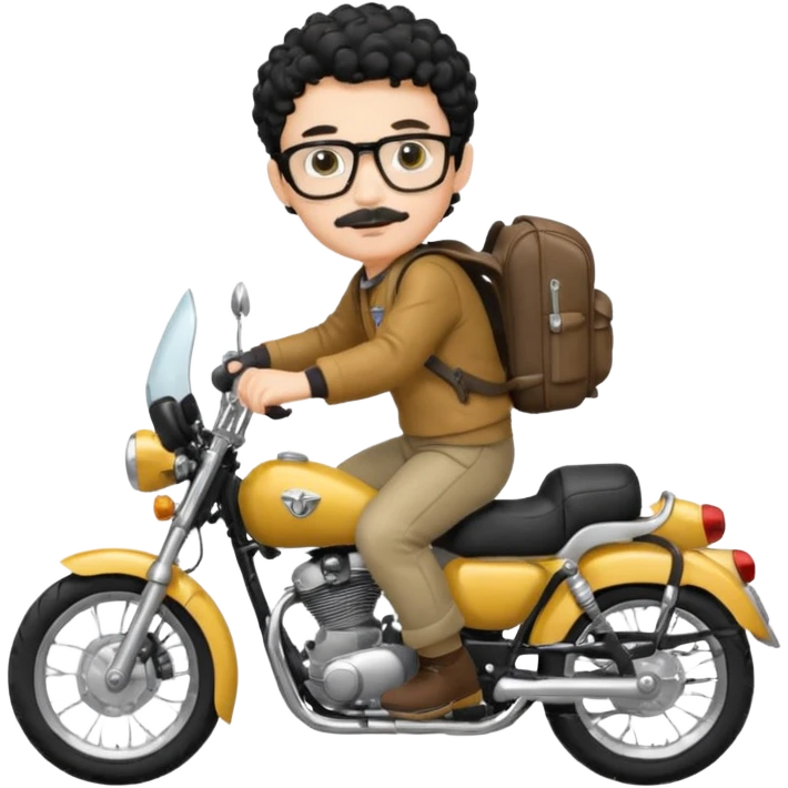 A young boy DEVELOPER WITH A backpack, black curly short hair, wearing glasses, a thin mustache, his skin is white, riding a motorcycle emoji