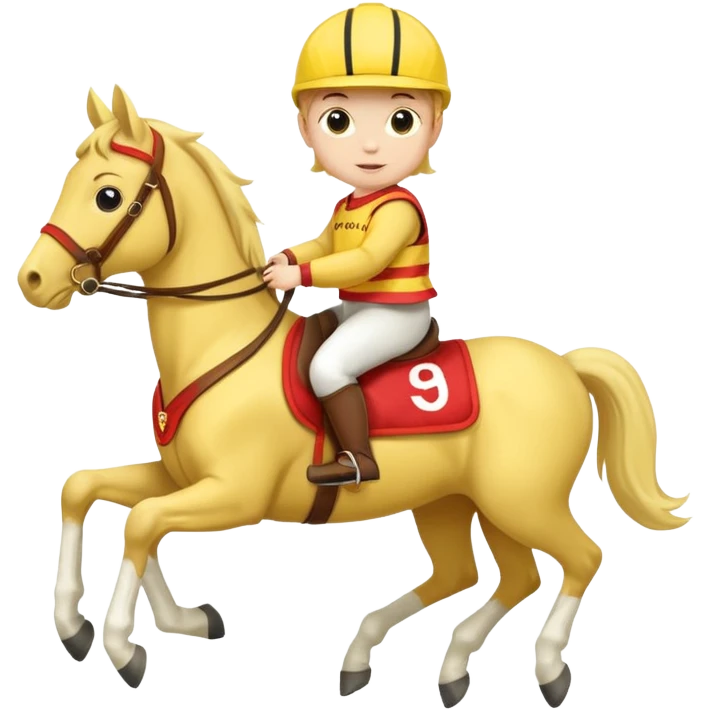 baby riding horse wearing racing cloth yellow number emoji