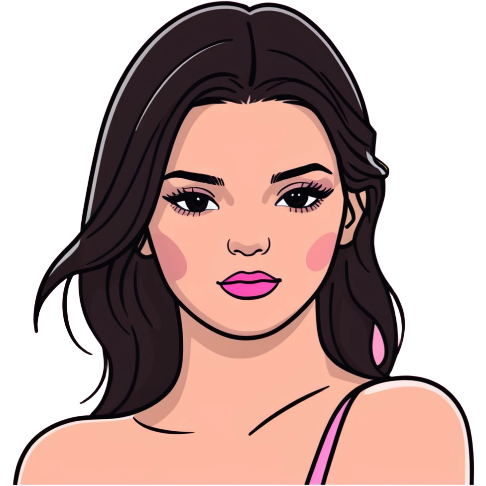 Kendall Jenner, elongated face, long flowing hair, pink glossy lipgloss, pink blush on cheeks, bare shoulders and upper body emoji