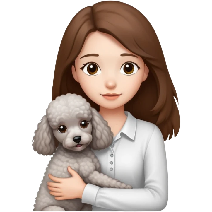 A girl with long straight hair and a white shirt hugs a small light gray poodle emoji