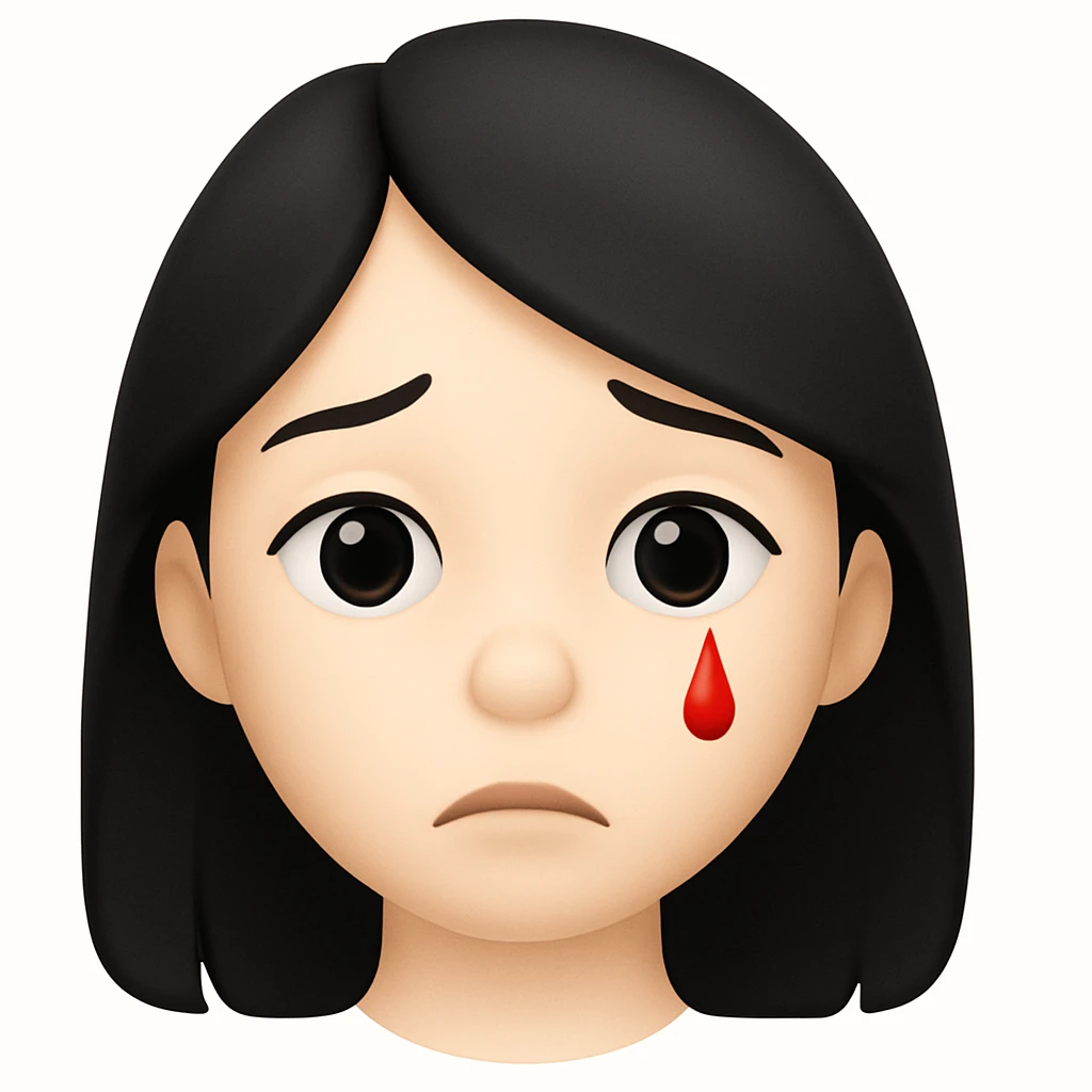 Make the character look like the official Apple emoji style. Replace the lots of blood with a single small red tear. Keep her pale skin, black straight hair, and a subtle sad expression. The style should mimic the Apple emoji style closely. emoji