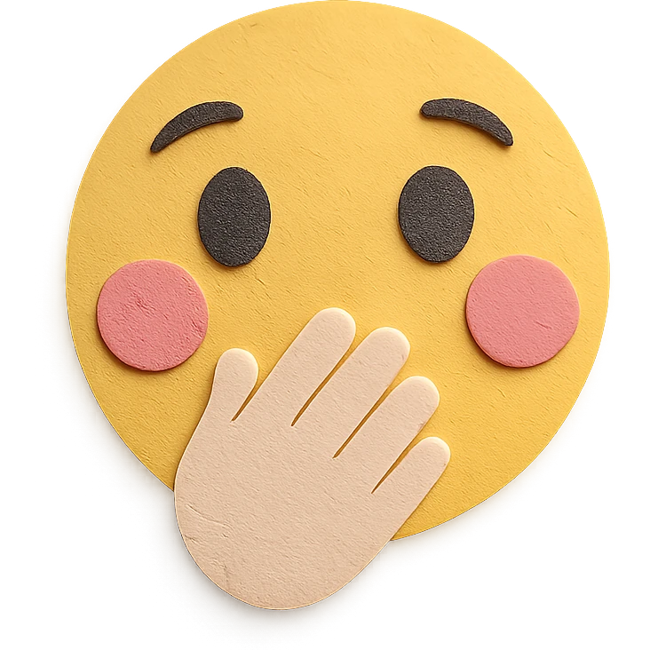 happy face with hand over mouth, wide eyes, pink cheeks, paper craft style emoji