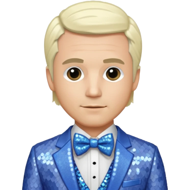 Freddie Prinze Jr with platinum blonde hair, periwinkle sequin suit with bow tie emoji