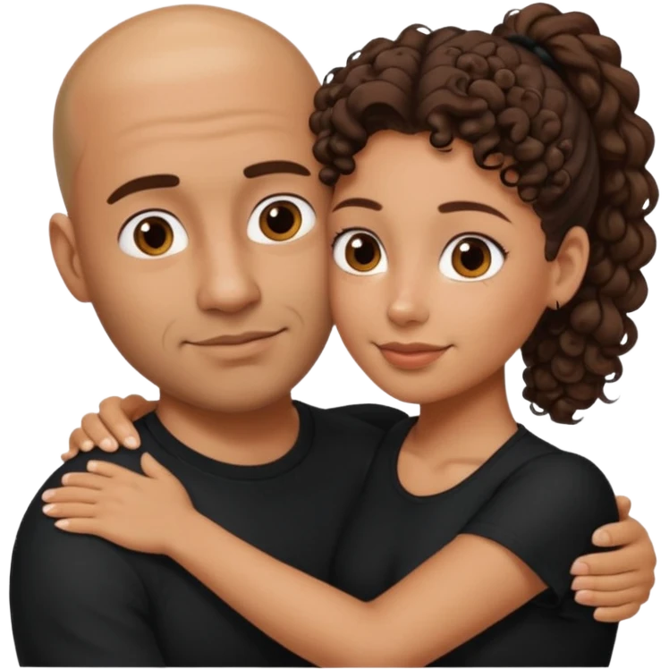 A picture of a tanned couple embracing. the man is a Mexican man with tanned skin, a bald hair cut, short beard and wearing a black shirt. the woman is mixed, with curly brown hair in a pony tail and with big boobs  emoji