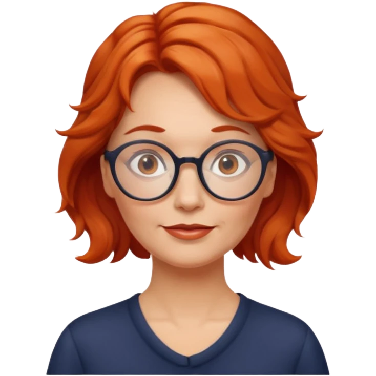 middle-aged woman from Norway, red-orange wavy hair tied to the left, large round glasses, gentle expression emoji