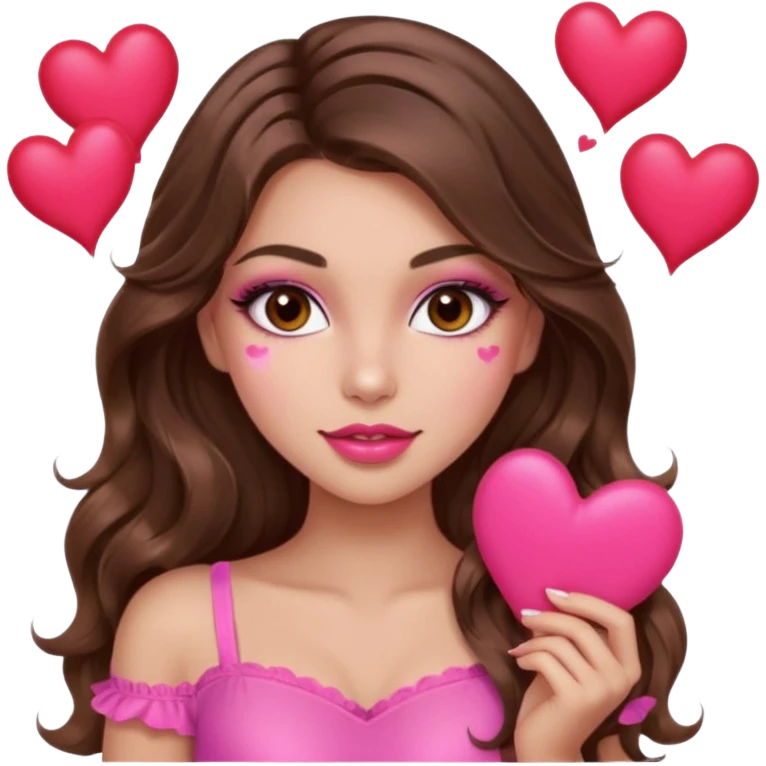 girl with long wavy brown hair, brown eyes, long lashes makeup, sexy pink lips, light to medium complexion, wearing a pink sexy top, many  hearts in hand emoji