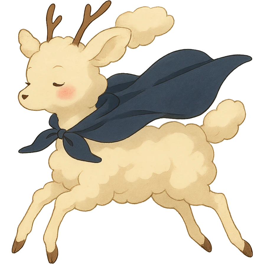 soft vanilla cloud doe with rosy cheeks, floating gracefully like a witch, ghibli style emoji