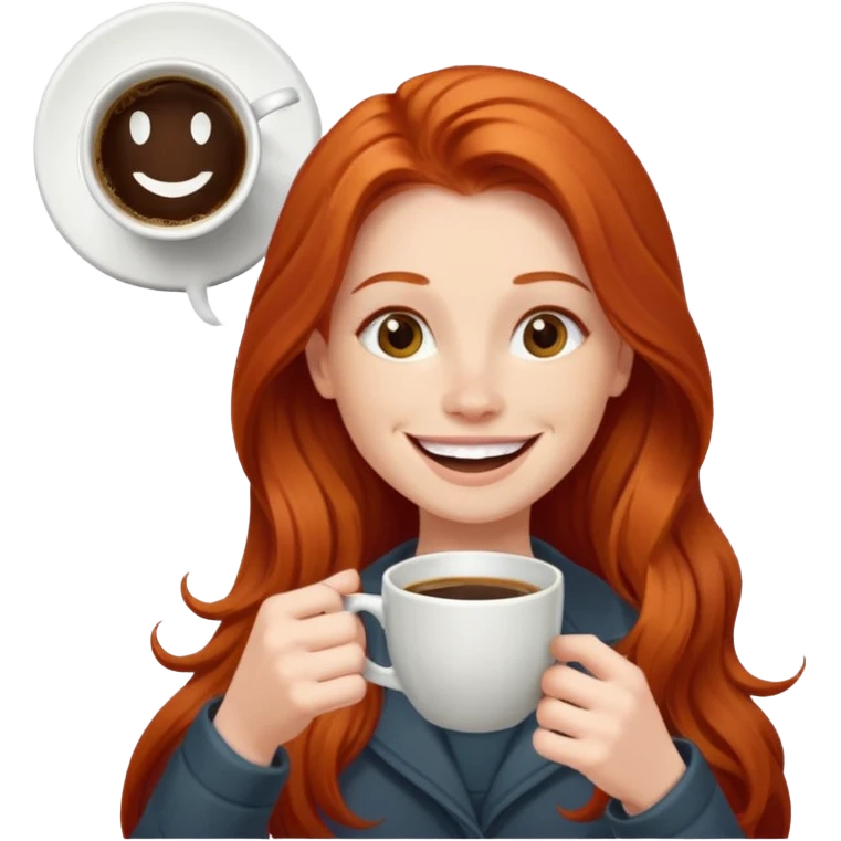 Excited long haired redhead drinking coffee with a sign in front saying GTSY emoji