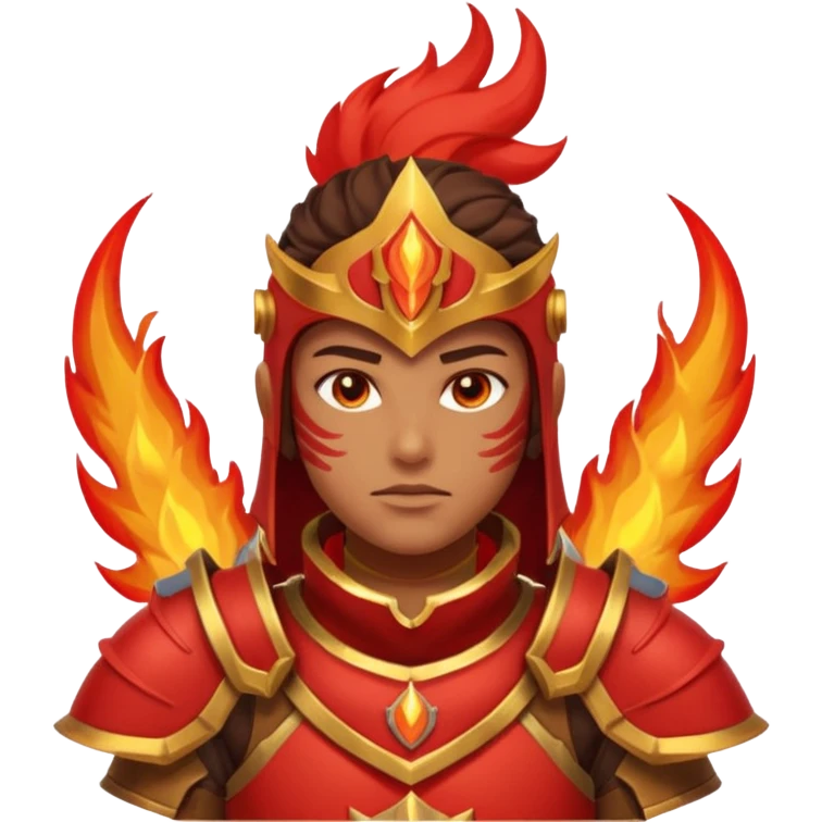 desert fire warrior portrait, head and shoulders only, red-gold armor collar, glowing fire accents, powerful gaze, fantasy desert vibe, 3D cartoon, mobile game icon style, clean background, no text, no watermark
 emoji