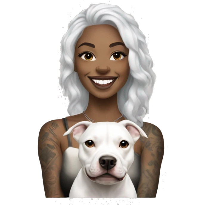 light skin woman with a face tattoo of a cross and long wavy black hair expressing joy alongide a white miniature pitbull  emoji