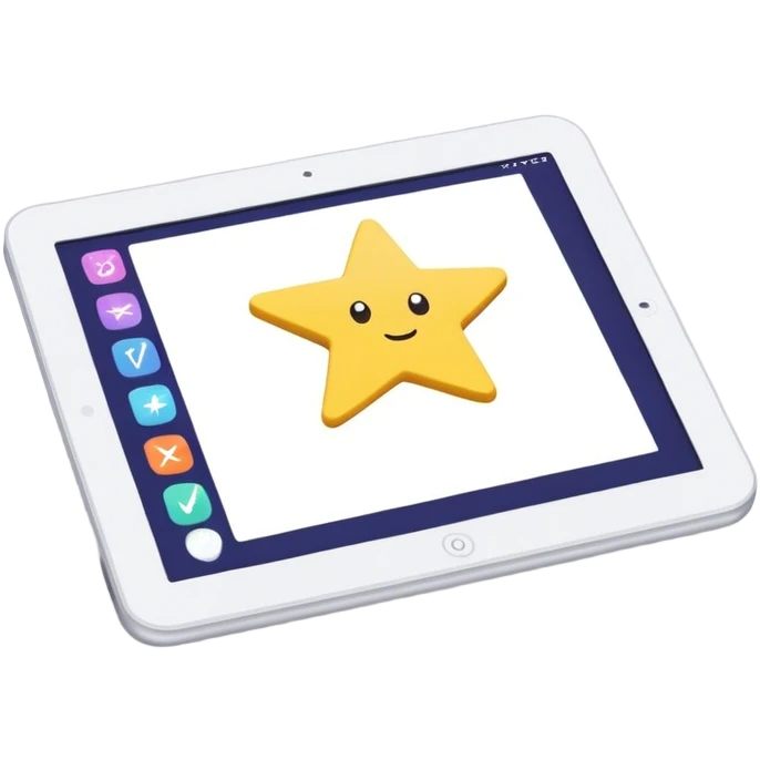Create an emoji representing fanfiction writing. The design should feature a digital device tablet with visible text, symbolizing the creative process of writing fanfiction. Add a subtle reference to popular fictional characters or universes (like a small star, heart, or magical item) to indicate the fan aspect. Use a playful, imaginative color palette, blending vibrant tones with soft neutrals. Do not include any emojis or smiley faces. Make the background transparent. emoji
