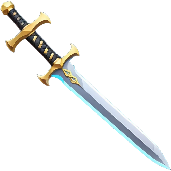Clash of Clans aesthetic: Cinematic Playful Sword Emoji, rendered in a 3D vector-style similar to standard emojis with minimal shading and bold, simplified shapes. A compact, isometric blade with a gleaming, intricately designed hilt and a razor-sharp edge, softly glowing with a heroic, battle-ready charm. Simplified yet unmistakably iconic, highly detailed and consistent, glowing with a soft radiant brilliance and high shine. Stylized with a touch of medieval finesse and a soft glowing outline, capturing the essence of a legendary sword with a friendly, playful vibe! emoji