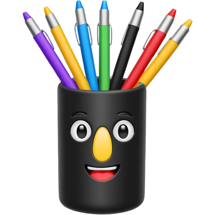 black pen holder cup with colorful pens inside, emoji style emoji