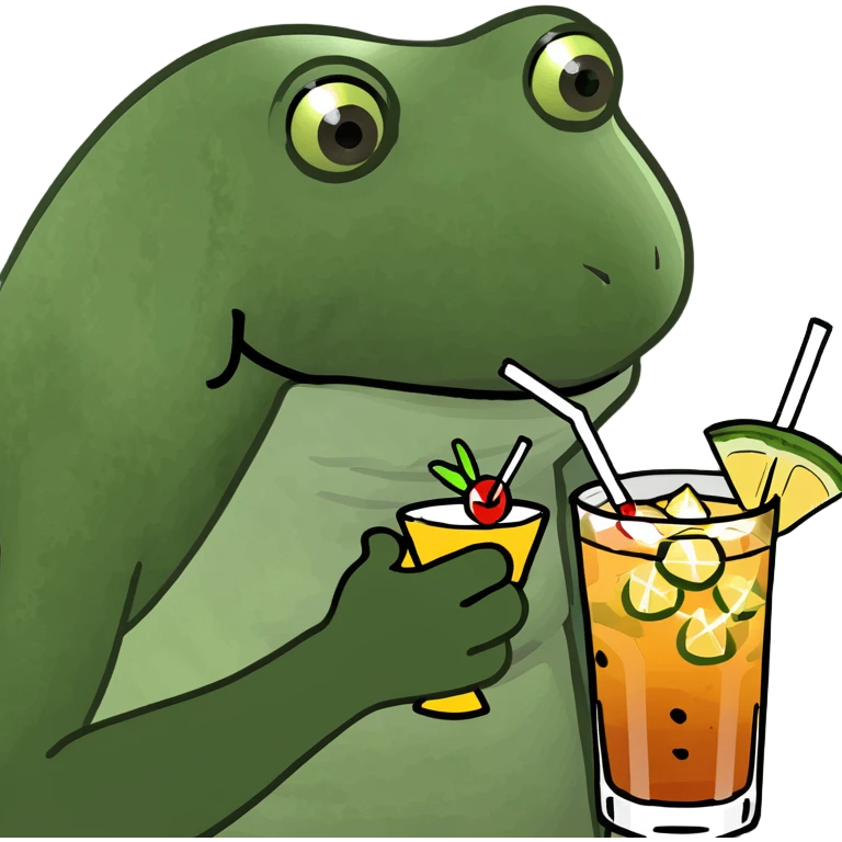 bufo frog lounging on a beach towel with a mai tai, vacation emoji