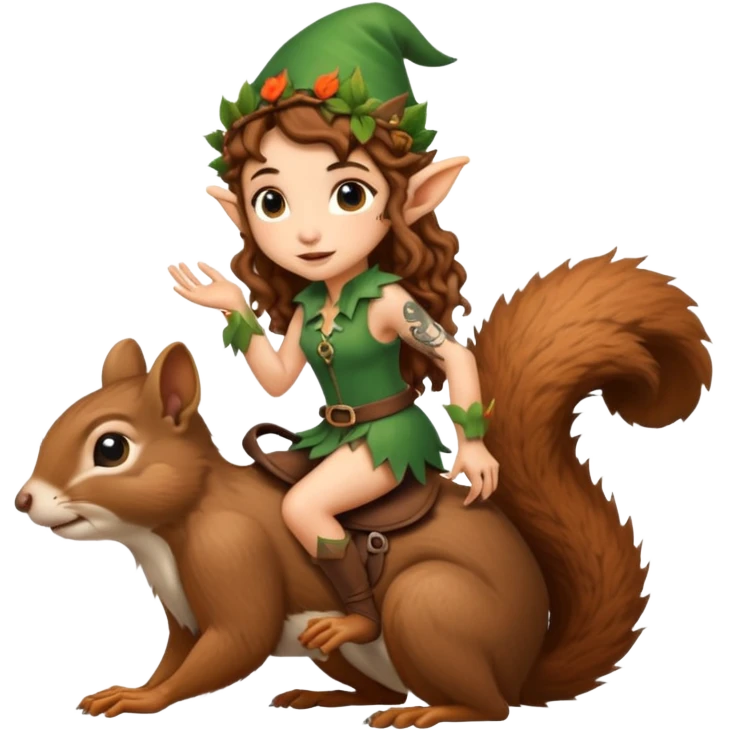 tiny forest elf long curly brown hair tattoos riding squirrel emoji
