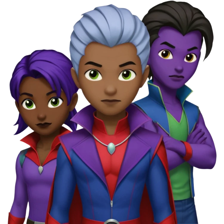 Solo poly platonic relationship, one African girl, one Asian boy, one biracial features Asian tomboy girl rat-tail hair long and upper masculine hair 90s, vampire and marvel cosplay elements inspired  use marvel race, like instead of obvious human, green purple blue etc,  emoji