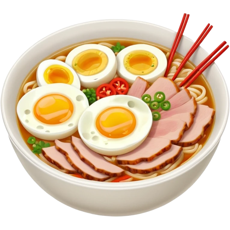 Create a realistic ramen bowl with broth, egg, pork slices & toppings. emoji