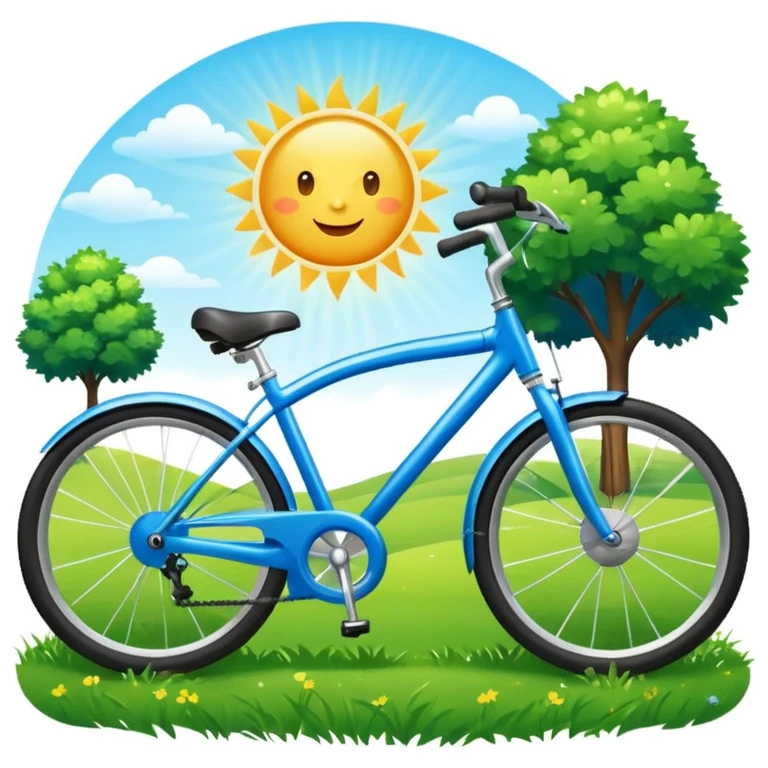 blue bike emoji with a park scene behind, green grass, sun in the sky, friendly and colorful emoji
