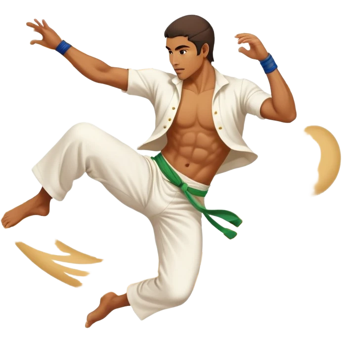 A Brazilian man as a capoeira fighter in mid-air performing a spinning kick, with Brazilian features, tan skin tone, wearing traditional white capoeira pants and a cord, vibrant and flowing pose, surrounded by motion swirls emoji