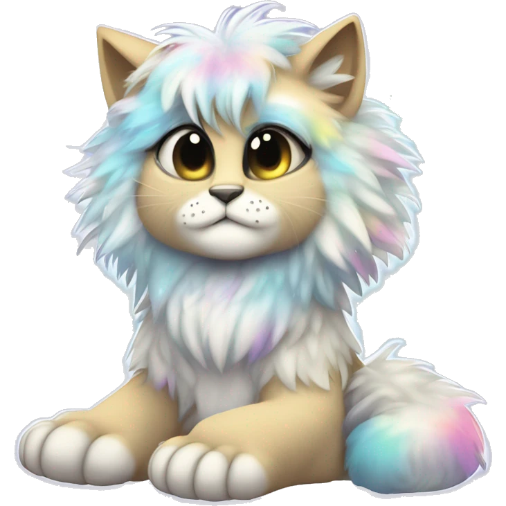 Furry, sparkle, iridescent, colorful, pastel, edgy, cool, fantasy beautiful, divine, godly, angelic, animal, anthro, full body, fursona, feline emoji