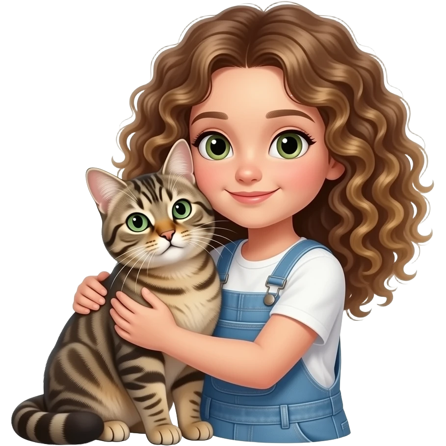 A girl with curly brown and blonde hair with white skin hugging a european cat whit green/grey eyes emoji