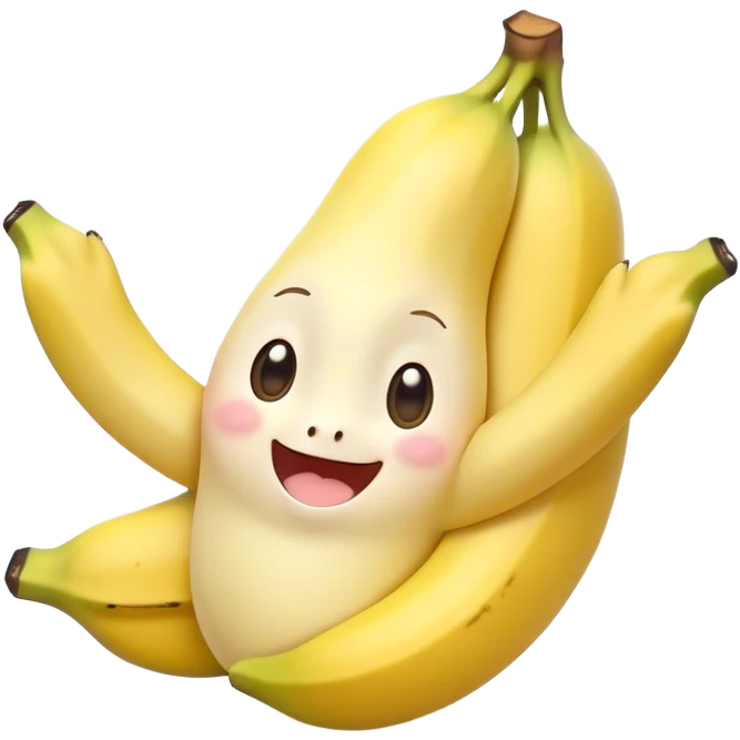 Cute Kawaii Banana, slightly curved, soft pastel yellow, cute giggling face with big round eyes, tiny arms waving happily, a peeled section revealing a smiling expression! emoji