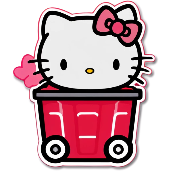 A trash bin that says GOODBYEEEE with hello Kitty in it emoji