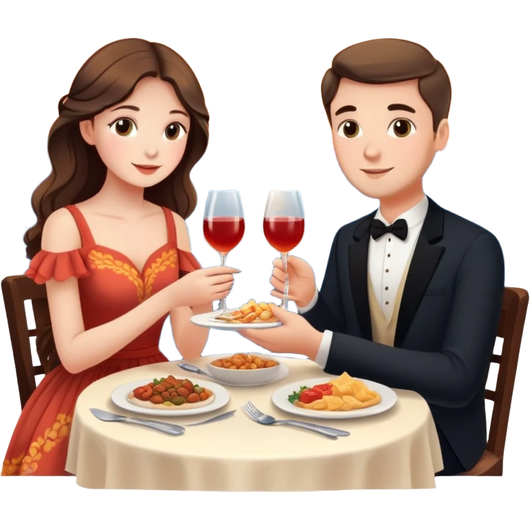 Elegant girl with a beautiful flowy dress and man eating dinner together in Montenegro sunset holding hands  emoji