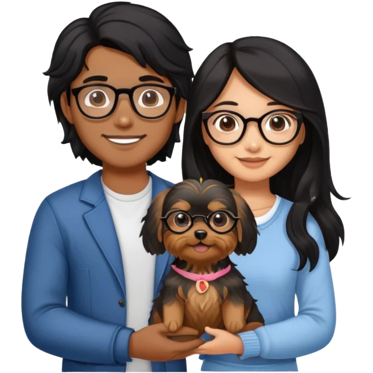 “An Asian girl with long, wavy black hair (loose, no hair tie) next to her smiling boyfriend—a brown-skinned man with a MIDDLE PART HAIr and glasses. Together, they’re holding a small Yorkshire Terrier emoji