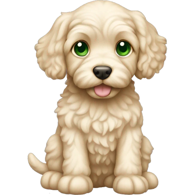 Cream cockapoo puppy whole body with green eyes emoji