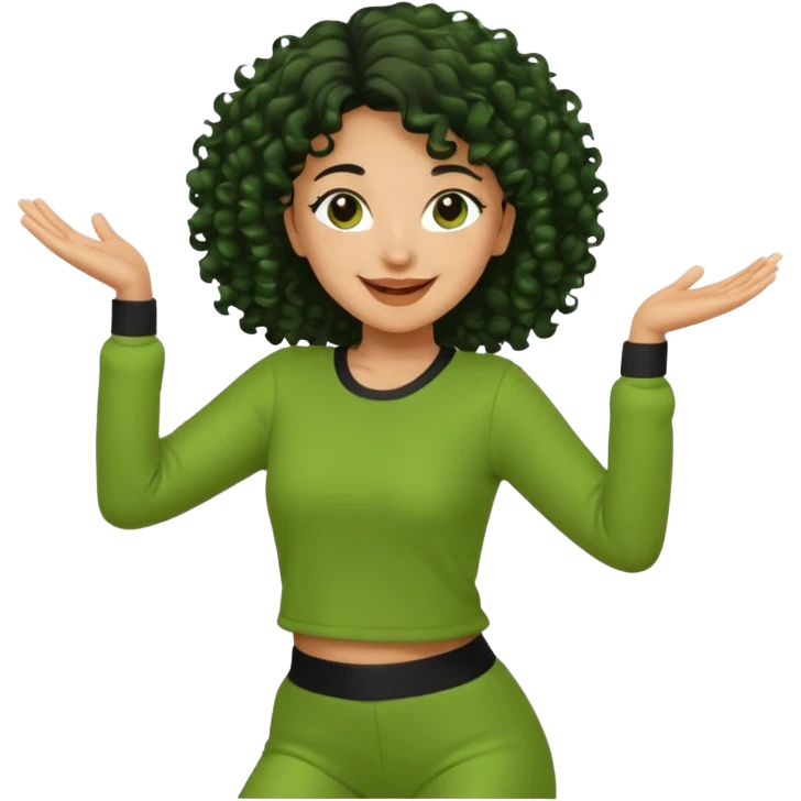 a woman with olive skin tone and curly black hair wearing green and dancing emoji