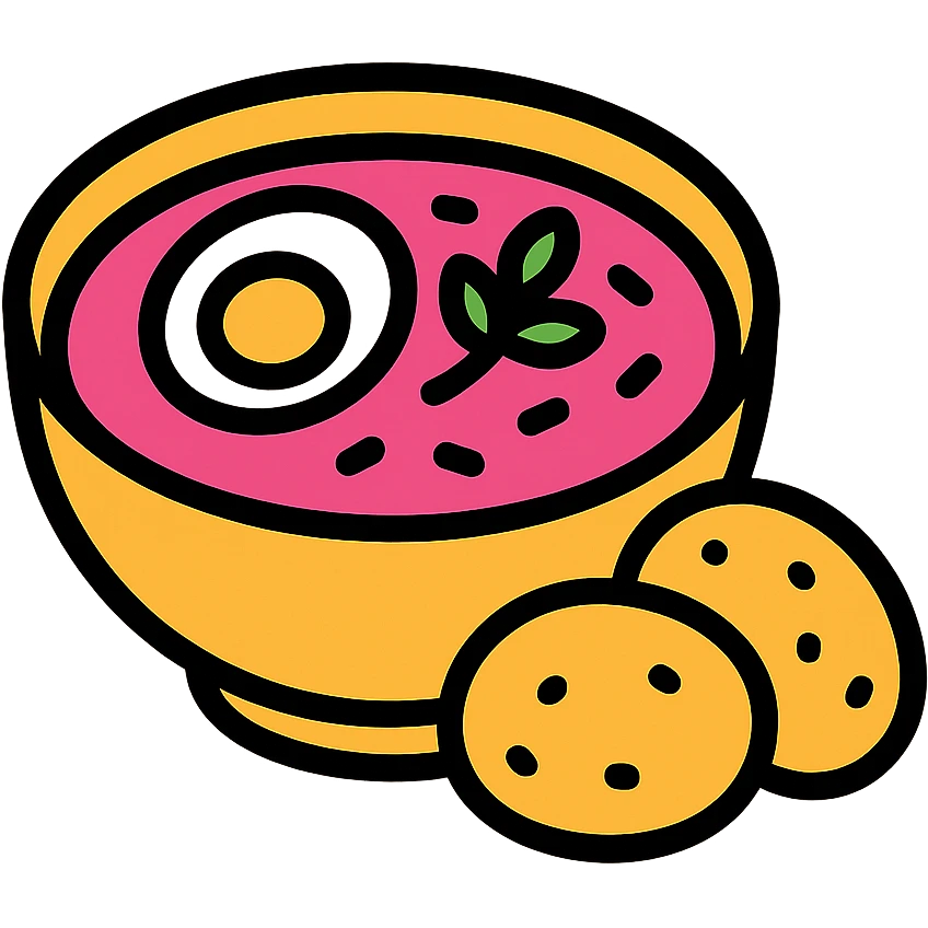 pink soup with egg and greens inside, boiled potatoes by its side, clean illustrative style emoji