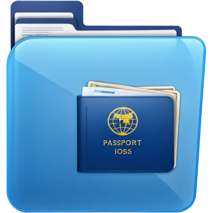 A translucent blue plastic folder with rounded corners, passport documents\ emoji