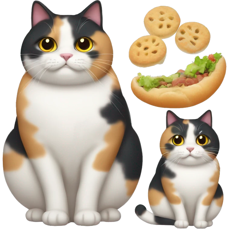 Fat calico cat with food emoji