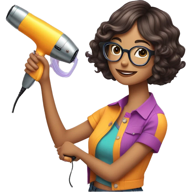 girl with short shoulder-length hair and glasses holding a hairdryer in one hand and scissors in the other, wearing a colorful outfit emoji