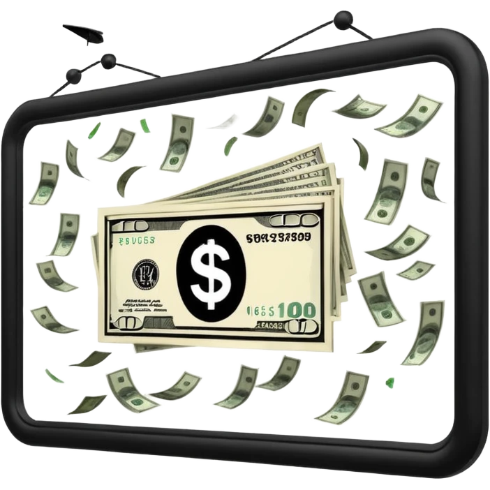 a billboard advertisement money falling down in front of it emoji