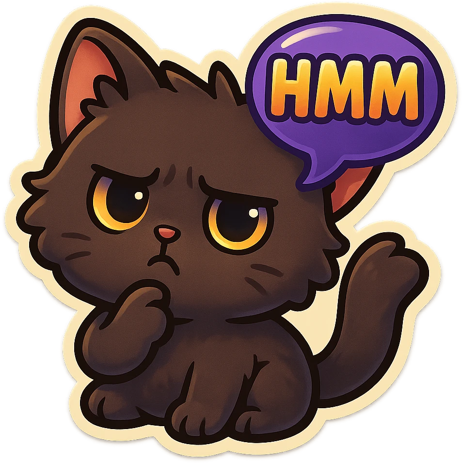 a dark-brown fluffy cute kawaii anime cat thinking frowning thoughtfully, saying “hmm” with a purple speech bubble emoji